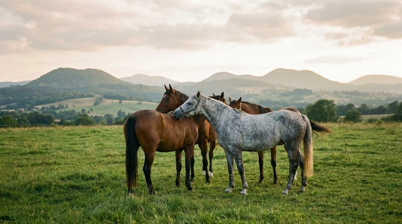 Les chevaux du élavage des Auvergnes de Villemonteix en liberté, Puy-de-Dôme